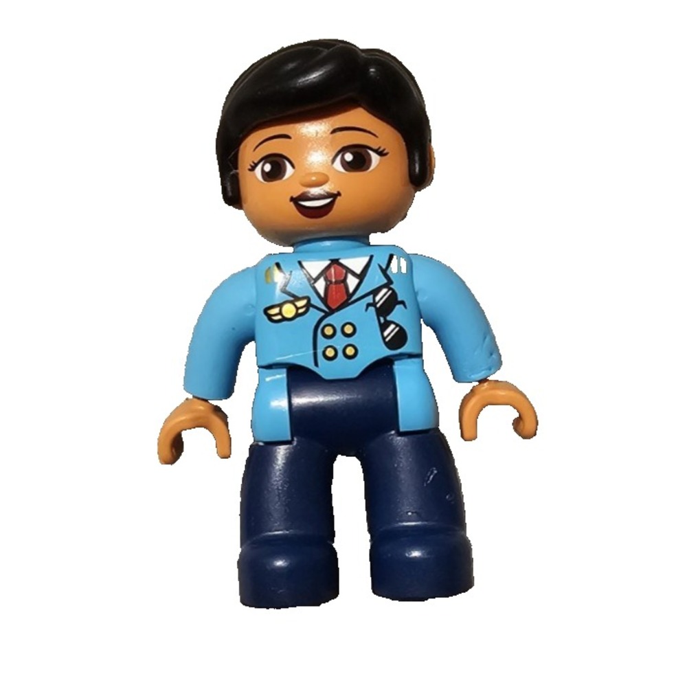 LEGO Duplo Woman Airline Pilot Azure Jacket Red Tie Dark Blue Legs Black Hair